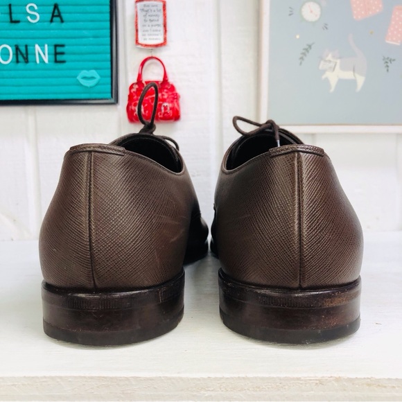 Prada Saffiano Mens Derby Oxford Luxury Leather Brown Lace Ups Size 9.5 - Picture 7 of 15